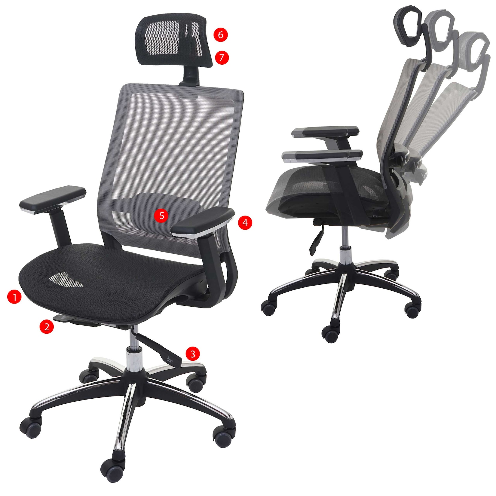 MCW Bürostuhl -A20, Schreibtischstuhl Drehstuhl, ergonomisch Kopfstütze Stoff/Textil ~ schwarz/grau