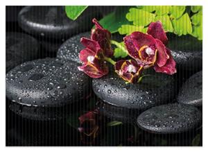 Wallario Schaum-Badematte »Dunkelrote Orchideen-Blüte auf schwarzen Steinen mit Regentropfen« , Höhe 5 mm, rutschhemmend, geeignet für Fußbodenheizungen