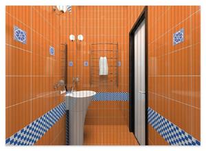 Wallario Schaum-Badematte »Modernes Badezimmer in orange mit blauen Fliesen« , Höhe 5 mm, rutschhemmend, geeignet für Fußbodenheizungen