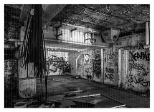Wallario Schaum-Badematte »Alte verlassene Fabrik in schwarz weiß mit Graffiti« , Höhe 5 mm, rutschhemmend, geeignet für Fußbodenheizungen