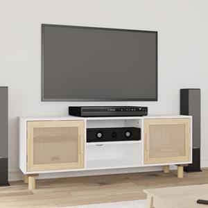 Tv-meubel 105x30x40 cm massief grenenhout en rattan wit