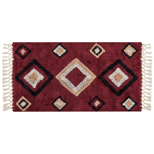 beliani Teppich Rot Baumwolle 80 x 150 cm Rechteckig Geometrisches Muster mit Quasten Boho Stil Handgetuftet für Wohnzimmer Schlafzimmer Flur - Rot
