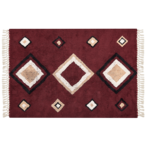 Beliani - Teppich Rot Baumwolle 160 x 230 cm Rechteckig Geometrisches Muster mit Quasten Boho Stil Handgetuftet für Wohnzimmer Schlafzimmer Flur - Rot