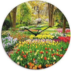 Artland Wandklok Glazen klok rond tulpen tuin voorjaar