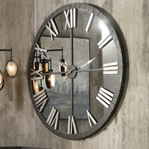 LW Collection Wandklok Elias spiegel Zwart Grijs 60cm - Wandklok romeinse cijfers - Industriële wandklok stil uurwerk