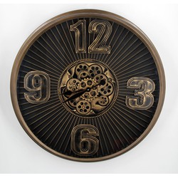 LW Collection Wandklok radar Kelvin brons bruin 80cm - Wandklok romeinse cijfers draaiende tandwielen - Industriële wandklok stil uurwerk
