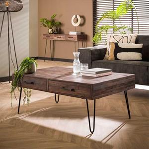 Rodario Sofa Tisch Massivholz in Holz Braun und Dunkelgrau zwei Schubladen