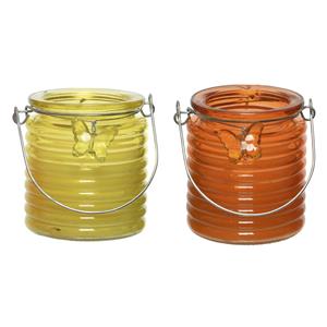 Decoris Set van 2x stuks citronella anti muggen kaarsen windlicht geel en oranje 20 branduren -