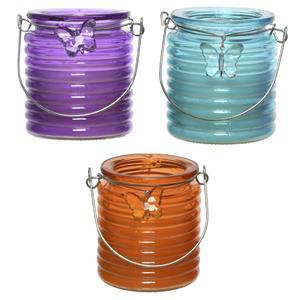 Decoris Set van 3x stuks citronella anti muggen kaarsen windlicht paars, blauw en oranje 20 branduren -