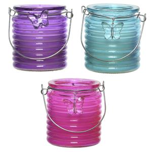 Decoris Set van 3x stuks citronella anti muggen kaarsen windlicht paars, blauw en roze 20 branduren -