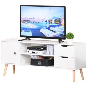 HOMCOM TV Lowboard Fernsehtisch Fernsehschrank für TV bis zu 50" mit Schrank 2 Schubladen Holzfüße Wohnzimmer Weiß 120 x 28 x 44 cm