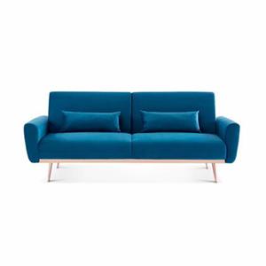 alice'shome Design Sofa ausziehbar aus Samt - Oskar - 2 - 3 Sitzer skandinavischischer Stil mit dünnen roségoldenen Beinen - Petrolblau