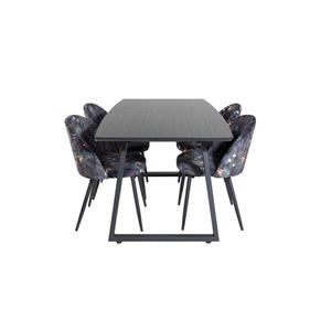 Hioshop IncaBLBL eethoek eetkamertafel uitschuifbare tafel lengte cm 160 / 200 zwart en 4 Velvet eetkamerstal velours gebloeid.