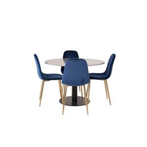 Hioshop Razziagr Eethoek Eetkamertafel Terazzo Grijs En 4 Polar Eetkamerstal Velours Blauw, Messing Decor.