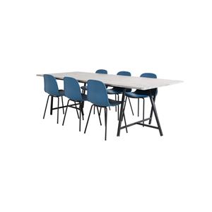 Hioshop Jepara Eethoek Eetkamertafel Teakhout En 6 Arctic Eetkamerstal Blauw, Zwart.