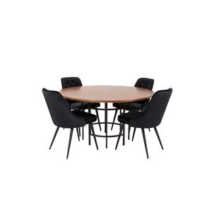 Hioshop Copenhagen Eethoek Eetkamertafel Bruin En 4 Velvet Deluxe Eetkamerstal Velours Zwart.