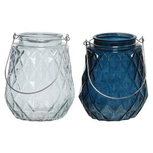 Decoris Set Van 2x Stuks Theelichthouders/waxinelichthouders Ruitjes Glas Ijsblauw En Donkerblauw 11 X 13 Cm - Waxinelichtjeshou