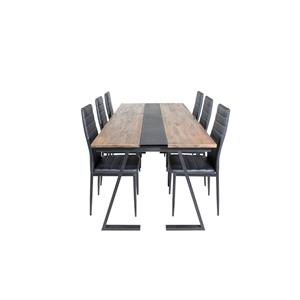 Hioshop Jakarta eethoek eetkamertafel teakhout en 6 Slim High Back eetkamerstal PU kunstleer zwart.