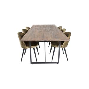 Hioshop Padang eethoek eetkamertafel teakhout en 6 Velvet eetkamerstal velours groente, zwart.