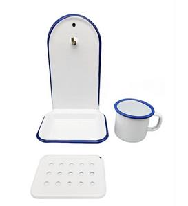 Linoows Seifenschale Emaille Seifenhalter, Seifenablage mit Tasse, Weiß, Breite: 13 cm, mit Tasse, 1, Seifenschale zum Hängen mit Tasse in Weiß mit blauem Rand