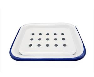 Linoows Seifenschale Emaille Seifenschale, flacher Seifenteller, weiß, Breite: 12 cm, Ablauflöcher, 1, Seifenablage zum Stellen weiß mit blauem Rand