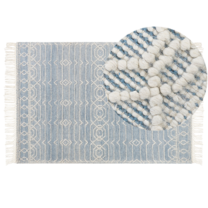 Beliani - Teppich Blau u. Weiß aus Wolle 160 x 230 cm Rechteckig Kurzflor mit Geometrischem Muster Fransen für Wohnzimmer Schlafzimmer Flur - Blau