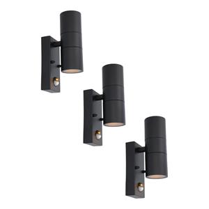 HOFTRONIC™ 3x Blenda wandlamp - 2700K warm wit - Bewegingsmelder en schemerschakelaar - Zwart - IP44 spatwaterdicht - Up & Downlight voor buiten