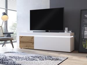 Kauf-unique TV-Möbel mit 1 Tür & 2 Schubladen +  LED-Beleuchtung - Holzfarben & Weiß lackiert - DOLONA