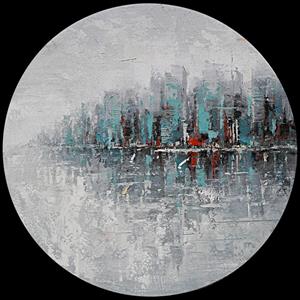 Karo-art Schilderij - Handgeschilderd - Skyline Abstract 80cm Rond