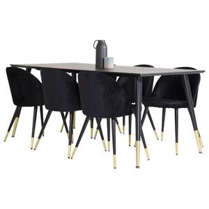 Hioshop Dipp180x90BLBR eethoek eetkamertafel zwart en 6 Velvet eetkamerstal velours zwart, messing decor.