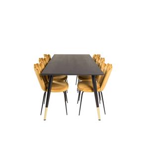 Hioshop Dipp180x90BLBR eethoek eetkamertafel zwart en 6 Limhamn eetkamerstal velours geel.