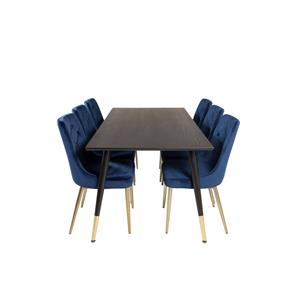 Hioshop Dipp180x90BLBR eethoek eetkamertafel zwart en 6 Velvet Deluxe eetkamerstal velours blauw, messing decor.