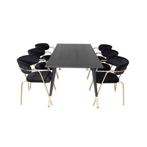 Hioshop Dipp180x90BLBR eethoek eetkamertafel zwart en 6 Arrow eetkamerstal velours zwart.