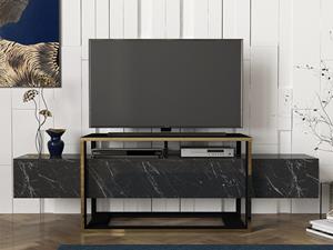 Kauf-unique TV-Möbel mit 2 Ablagen - Marmor-Optik - Schwarz & Goldfarben - COMEBI