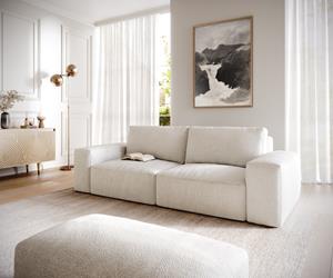 DELIFE Big-Sofa Lanzo L 260x110 cm Bouclee Creme-Weiß mit Hocker