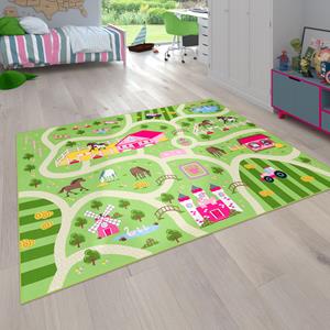 PACO HOME Kinderteppich Bino 560, rechteckig, Kurzflor, Straßen-Spiel-Teppich, Motiv Bauernhof, Kinderzimmer