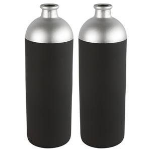 Countryfield Bloemen/deco vaas - 2x - zwart/zilver - glas - luxe fles vorm - D13 x H41 cm -