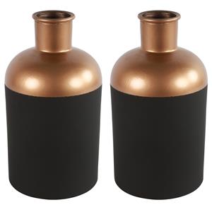 Countryfield Bloemen/deco vaas - 2x - zwart/koper - glas - luxe fles vorm - D17 x H31 cm -
