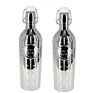 Merkloos 2x Glazen woondecoratie flessen zilver met beugeldop 1 liter -