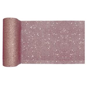 Santex Kerst thema tafelloper op rol - rose goud glitter - smal 18 x 500 cm - polyester -