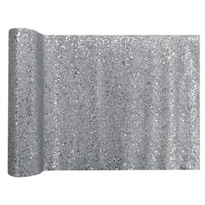 Santex Kerst thema tafelloper op rol - zilver glitter - 28 x 300 cm - polyester -