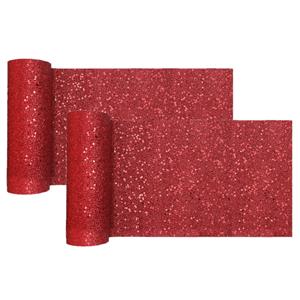 Santex Kerst thema tafelloper op rol - 2x - rood glitter - smal 18 x 500 cm - polyester -