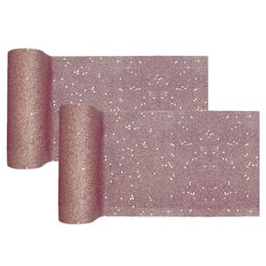 Santex Kerst thema tafelloper op rol - 2x - rose goud glitter - smal 18 x 500 cm - polyester -
