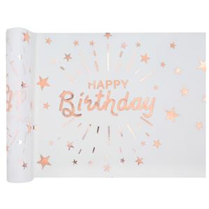 Santex Tafelloper op rol - 2x - Happy birthday tekst - wit/rose goud - 30 x 500 cm - polyester -