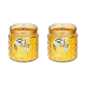 2x stuks citronella kaarsen tegen insecten in glazen pot 12 cm geel -