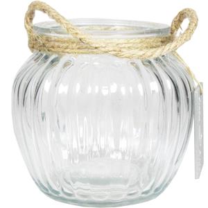 Bela Arte Glazen ronde windlicht Ribbel 2 liter met touw hengsel/handvat 15 x 14,5 cm -