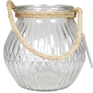 Bela Arte Glazen ronde windlicht Crystal 2,5 liter met touw hengsel/handvat 16 x 14,5 cm -