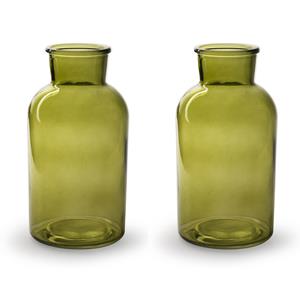 Jodeco 2x Stuks Bloemenvazen - groen/transparant glas - H20 x D10 cm -