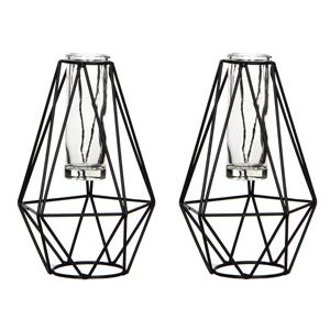 Mica Decorations 2x stuks zwarte metalen diamant draad vaasjes met glas 11 x 10 x 17 cm -