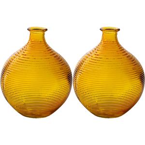 Jodeco Bloemenvaas/flesvaas - 2x - geel - bolvorm met ribbel - D16 x H20 cm -